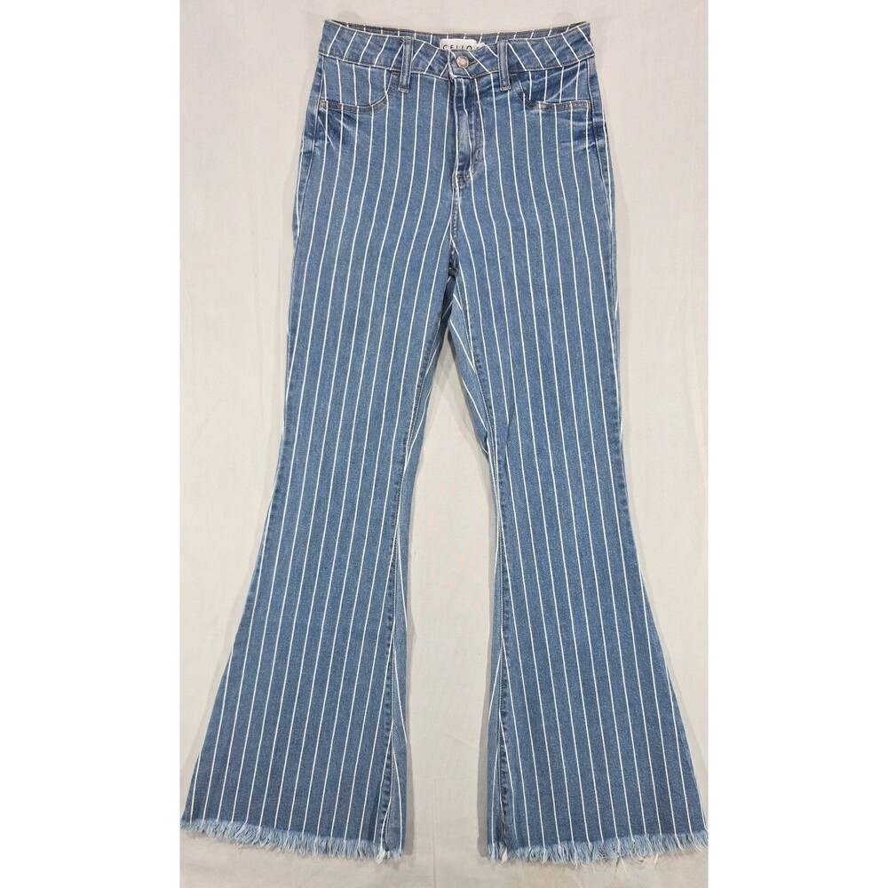 Cello High Rise Pinstripe Flare Jeans Raw Hem Bell Bottom Women's 5/6 Retro Y2K